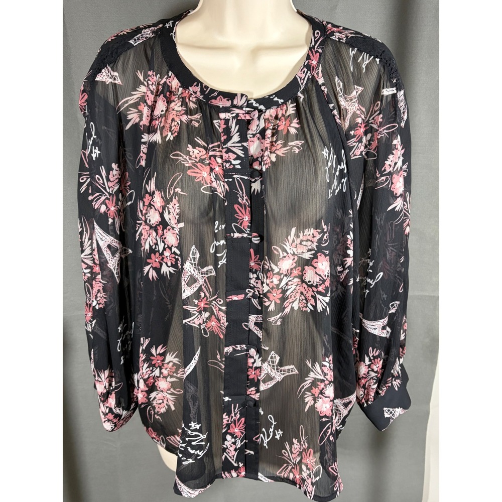 Karl Lagerfeld Paris Sheer Floral Eiffel Tower Blouse Black Pink Medium L3AAA541
